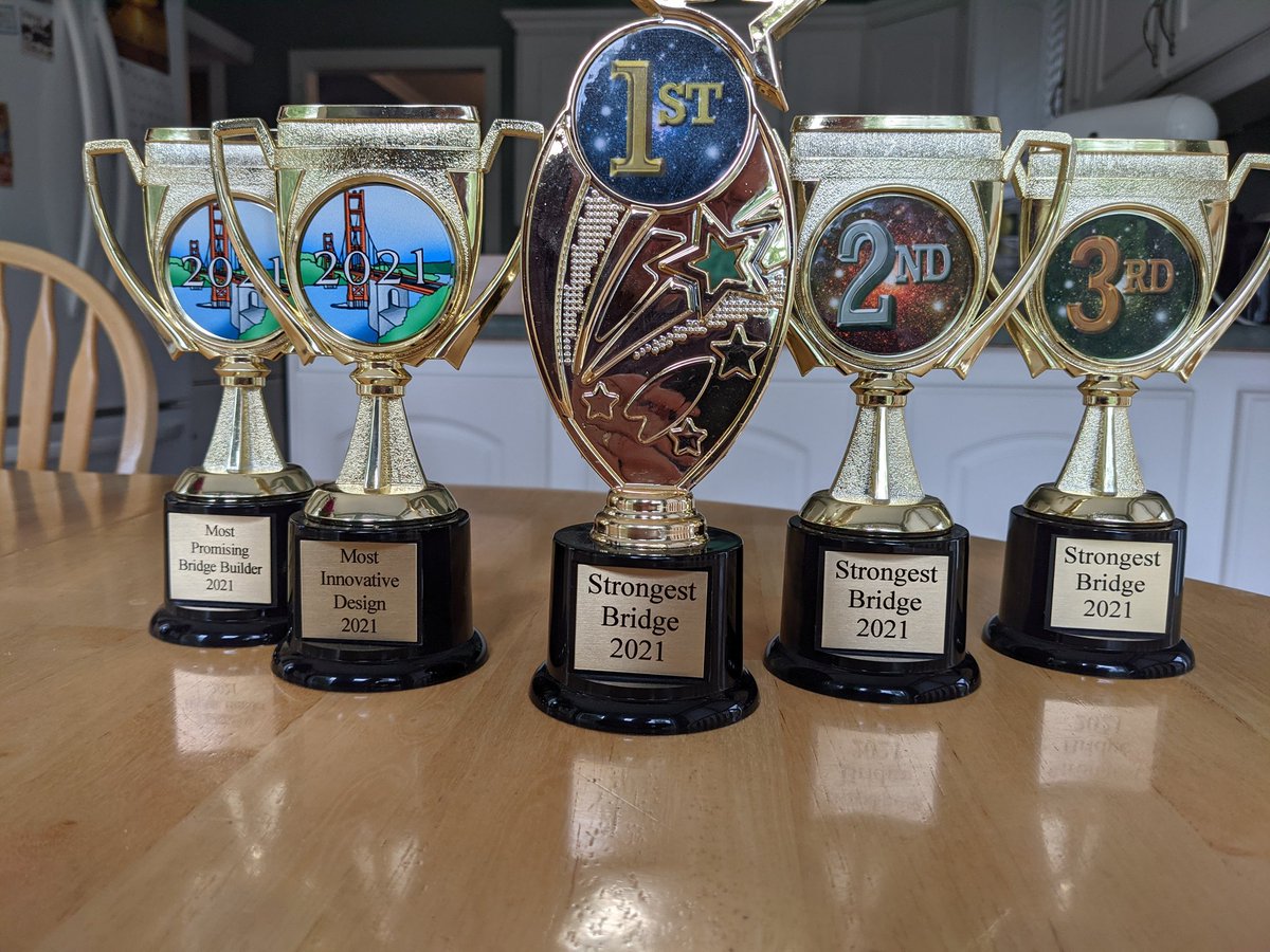 Lockdown lifted  @PEOQuinte has finally delivered the Bridge Building trophies! @alcdsb_mich cleaned house! 5 of 6 awards!
Strongest bridge
1st place - Aza $75 & Most promising builder
2nd place - Max $50
3rd place - Samantha $25
Most Innovative design - Ella
@SilvaSonja