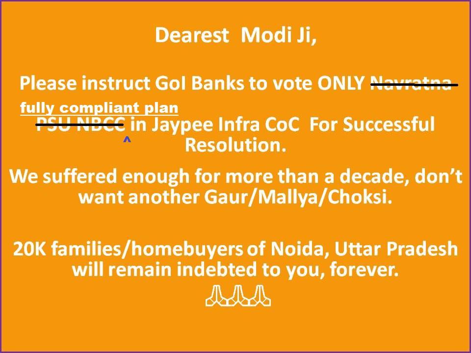 Prashan90751335's tweet photo. @ppsr001 @PMOIndia @narendramodi @HardeepSPuri @nsitharaman @myogiadityanath @PankajSinghBJP Successful resolution can only b thru compliant plan.
Respected PM sir 🙏 if need be ,plz instruct to favour a plan which can stand in any court of law so to avoid any further delays 🙏🙏
@IDBI_Bank #SAVEJPWISHTOWN #savejpinfrahomebuyers #savejilhbs #savejphbs https://t.co/geJREZ0NQW