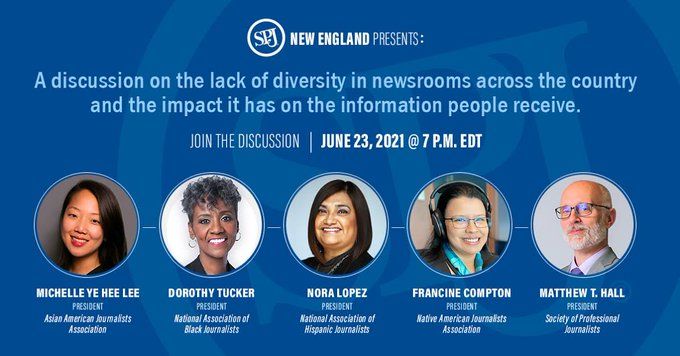 Join <a href="/spj_newengland/">SPJ New England</a> for a 1-hour event at 7 p.m. EDT Wednesday. SPJ Prez @SDuncovered and leaders from <a href="/NABJ/">#NABJ Headquarters ✊🏾🖊️🎙️💻 📷 🎥 📝 🔈</a>, <a href="/NAHJ/">NAHJ</a>, <a href="/najournalists/">najournalists</a> and <a href="/aaja/">Asian American Journalists Association est. 1981</a> will talk about the lack of diversity in U.S. newsrooms and the impact it has on the information people receive. bit.ly/3cYwBmb