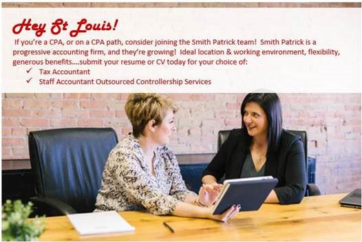 denovohrc's tweet photo. Are you an #accountant in St. Louis? Smith Patrick is hiring!
#TaxAccountant: https://t.co/bfKttN6EwX
#StaffAccountant: https://t.co/VozDuLruUG
#STLJobs #STLCPA #STLHelpWanted #STLCareers https://t.co/50LQjz41IV