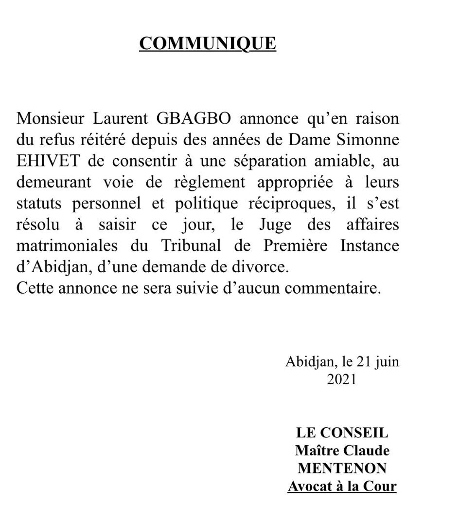 Cote D Ivoire Laurent Gbagbo Demande Officiellement Le Divorce A Simone Devant Le Tribunal Du Pouvoir Ouattara Lecourrierquotidien Com Site D Information Panafricain En Temps Reel En Tout Temps