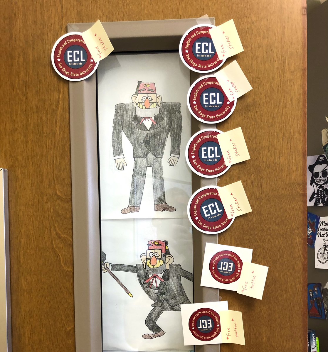 sdsuecl's tweet photo. #WhenWeGoBack...free #SDSUECL stickers and tattoos for everyone! Just look for the office door with the #GravityFalls #GrunkleStan #fanart. https://t.co/me2WLt0oFe