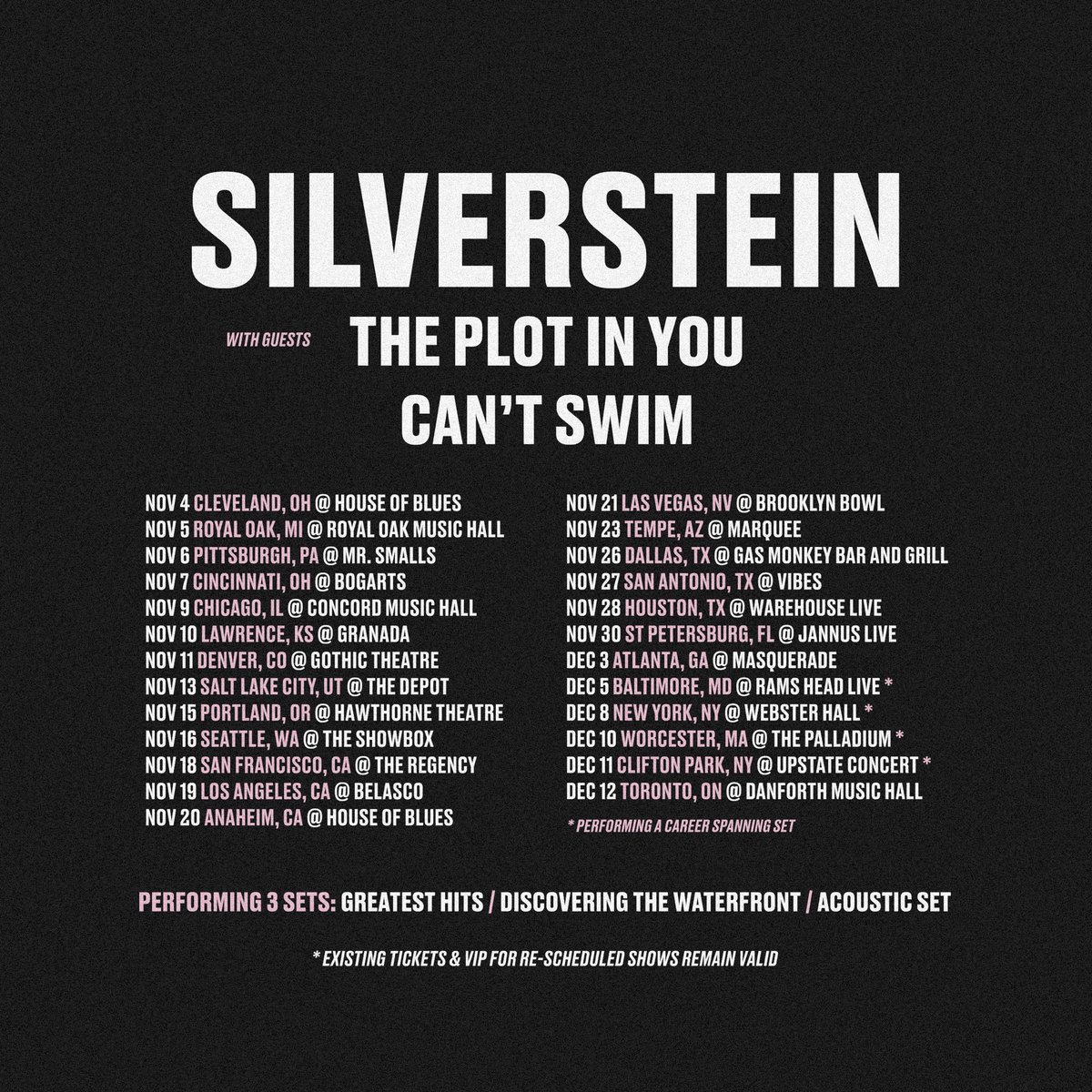 📢 This tour has been a journey of itself, but we are pleased to announce the re-scheduled dates AND more shows + support bands

All existing tickets for the re-scheduled shows remain valid. New tickets are available &amp; new shows will be on sale Friday!

🔗 SilversteinMusic.com