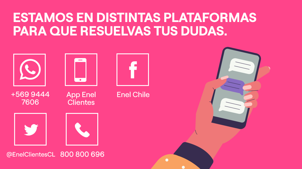 Enel_Informa_CL's tweet photo. Nos motiva estar siempre atentos a tus requerimientos. Por eso, si tienes dudas y quieres resolverlas de manera directa, conversemos a través de nuestros canales digitales. Mira acá cuáles son https://t.co/qP6l08VaBa.
#EnelTeEscucha #Conversemos https://t.co/4pLXgv6SoM