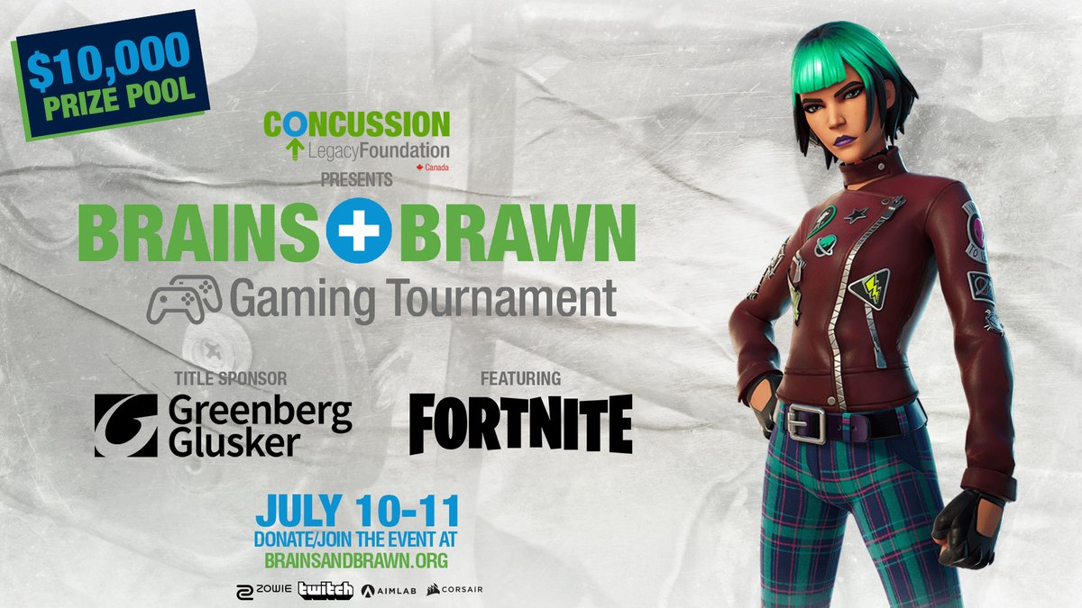 Get ready to battle at the Brains + Brawn 10K #Fortnite Tournament in support of the Concussion Legacy Foundation 🖐 Learn more here: brainsandbrawn.org @aimlab @GreenbergGluske @ZOWIEbyBenQUSA @CORSAIR @Twitch