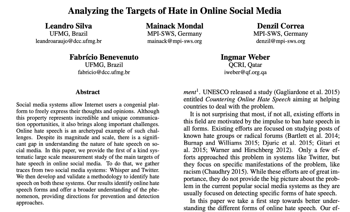 Join #OpenToAll #Paper reading, June 21 1715hrs Analyzing Targets of #Hate in Online Social Media 
ojs.aaai.org/index.php/ICWS…  
Excited to have Dr. <a href="/_mainack/">Mainack Mondal</a> author of the paper  join the discussion 
Register forms.gle/61FyW5bUmfymnz…
List groups.google.com/g/readwithprec…
#AcademicTwitter