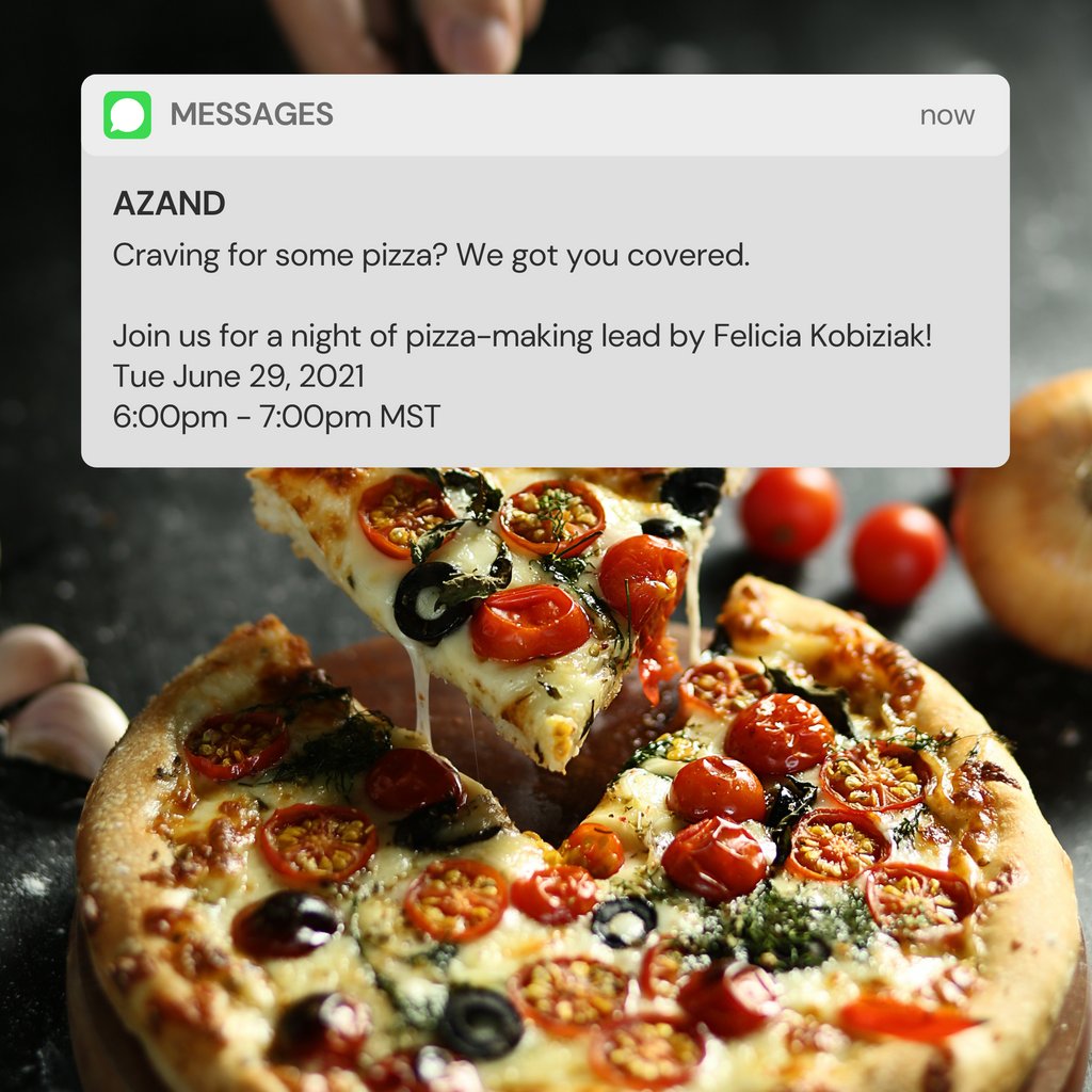 NEXT WEEK!
Join us for a night of pizza-making lead by Felicia Kobiziak! 🍕

Link to register: eventbrite.com/e/azands-pizza…