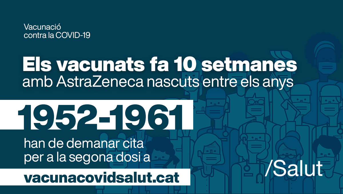 salutcat's tweet photo. Els vacunats fa 10 setmanes amb AstraZeneca nascuts entre el 1952 i el 1961 han de demanar cita per la segona dosi a https://t.co/dc3xFWjIgv. 

📈 Arribar a la immunitat de grup és una qüestió col·lectiva, i la segona dosis ens protegeix de les noves variants. #JoEmVacuno https://t.co/HQrucAZwnJ