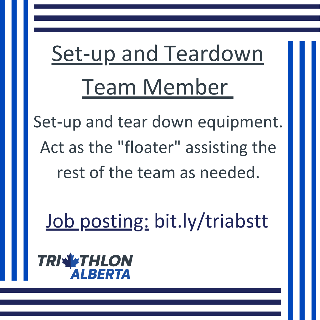 TriAlberta's tweet photo. Triathlon Alberta (TA), is looking to staff several part-time, casual positions for an athletic event planned in Calgary for August, 2021. Applications will be accepted up until June 30th, 2021.
To apply, email a PDF resume and cover letter to lorin@triathlonalberta.ca. https://t.co/kqRKxNowri