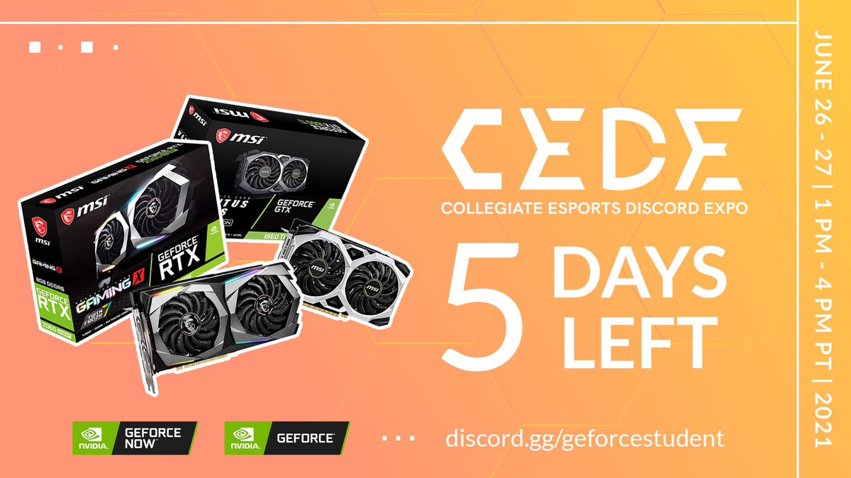 UniGameNetwork's tweet image. 🚨 5 days left 🚨

Thanks to our amazing sponsors @NVIDIAGeForce and @NVIDIAGFN, Collegiate Esports Discord Expo attendees can win an MSI Gaming GeForce RTX 2060 SUPER, an MSI GeForce GTX 1660 Ti, and GeForce NOW Time!

Get a headstart here: bit.ly/CEDEraffle
