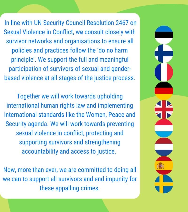 chfages's tweet photo. Déclaration conjointe de 9 ambassadeurs européens 🇪🇸🇳🇱🇫🇮🇪🇪🇩🇪🇱🇺🇸🇪🇬🇧🇫🇷 pour les droits de l'Homme à l'occasion de la journée internationale pour l'élimination de la violence sexuelle en temps de conflit. #StopSVC #WPS https://t.co/nGpqsqsLSr