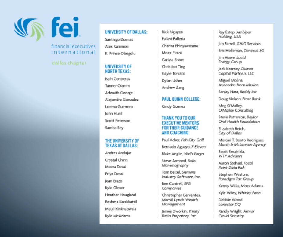 FeiDallas's tweet photo. Congratulations to TO FEI’S FINANCIAL EXECUTIVE EXPERIENCE 2020–21 MENTEES/STUDENTS!
For more information about our five month mentorship program visit: https://t.co/G5Q6dCCt3a
#dallastx #dallasbusiness https://t.co/gMq7IXNeR3