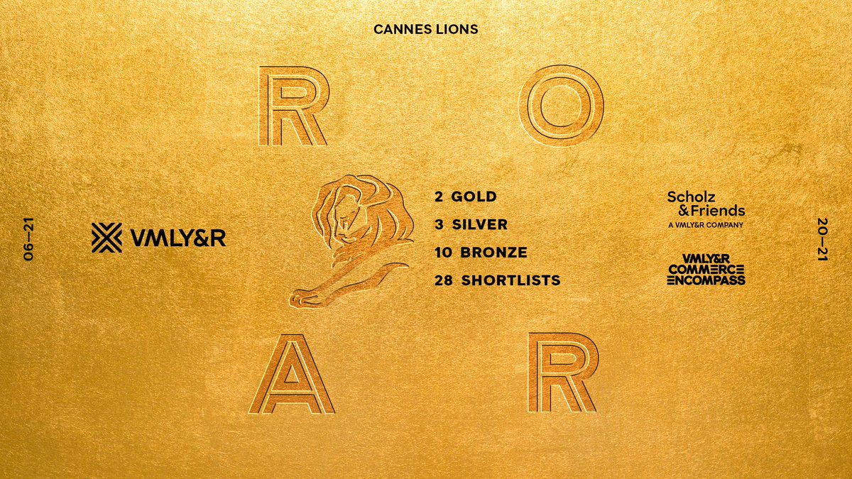 VMLY&R (@vmlyr) on Twitter photo Count ‘em! 🦁 VMLY&R companies are bringing home 2 gold, 3 silver, 10 bronze and 28 shortlists after day one at <a href="/Cannes_Lions/">LIONS | The Home of Creativity</a>! See the work: bit.ly/3d0rkum #WeAreVMLYR #CannesLions2021 <a href="/scholzfriends/">Scholz & Friends</a> @VMLYRCommerce <a href="/VYCEncompass/">VMLY&R Commerce Encompass</a> Count ‘em! 🦁 VMLY&R companies are bringing home 2 gold, 3 silver, 10 bronze and 28 shortlists after day one at <a href="/Cannes_Lions/">LIONS | The Home of Creativity</a>! See the work: bit.ly/3d0rkum #WeAreVMLYR #CannesLions2021 <a href="/scholzfriends/">Scholz & Friends</a> @VMLYRCommerce <a href="/VYCEncompass/">VMLY&R Commerce Encompass</a>