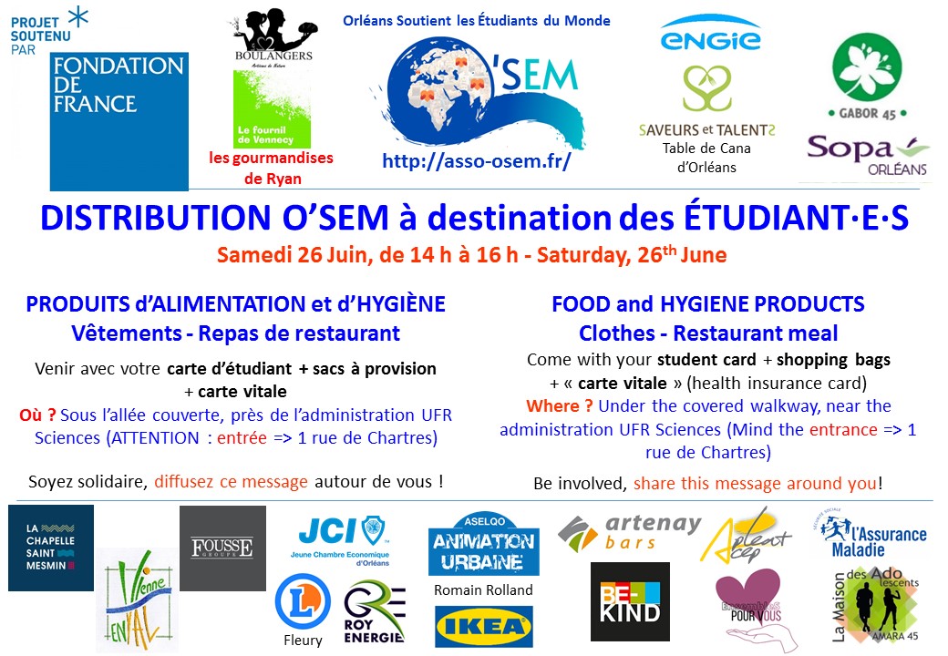 OSoutient's tweet photo. RT appréciés : prochaine distribution O'SEM => samedi 26 Juin, aux horaires (14h-16h) et lieu (sous l'allée couverte de l'UFR Sciences - 1 rue de Chartres, 45 100 Orléans) habituels. Merci à nos partenaires ! https://t.co/csZc5ami1E