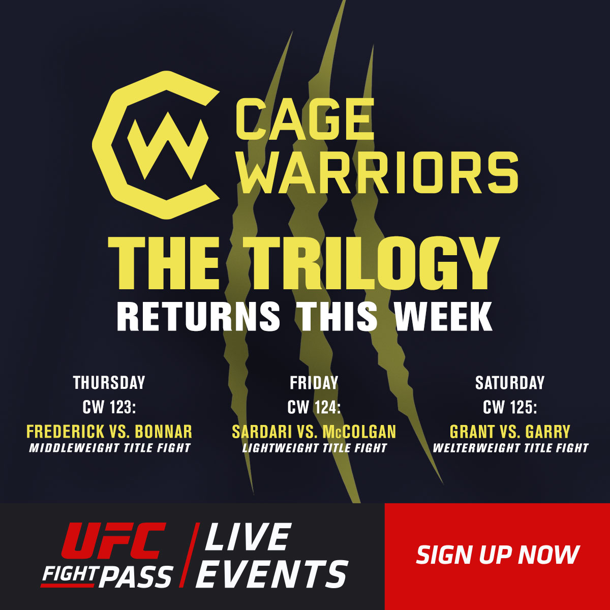 Your week is sorted on @UFCFightPass!
We've got 3️⃣ events in 3️⃣ nights at @CageWarriors!
📺 https://t.co/IxHXj2Qhjk https://t.co/ArfiKTrTCG