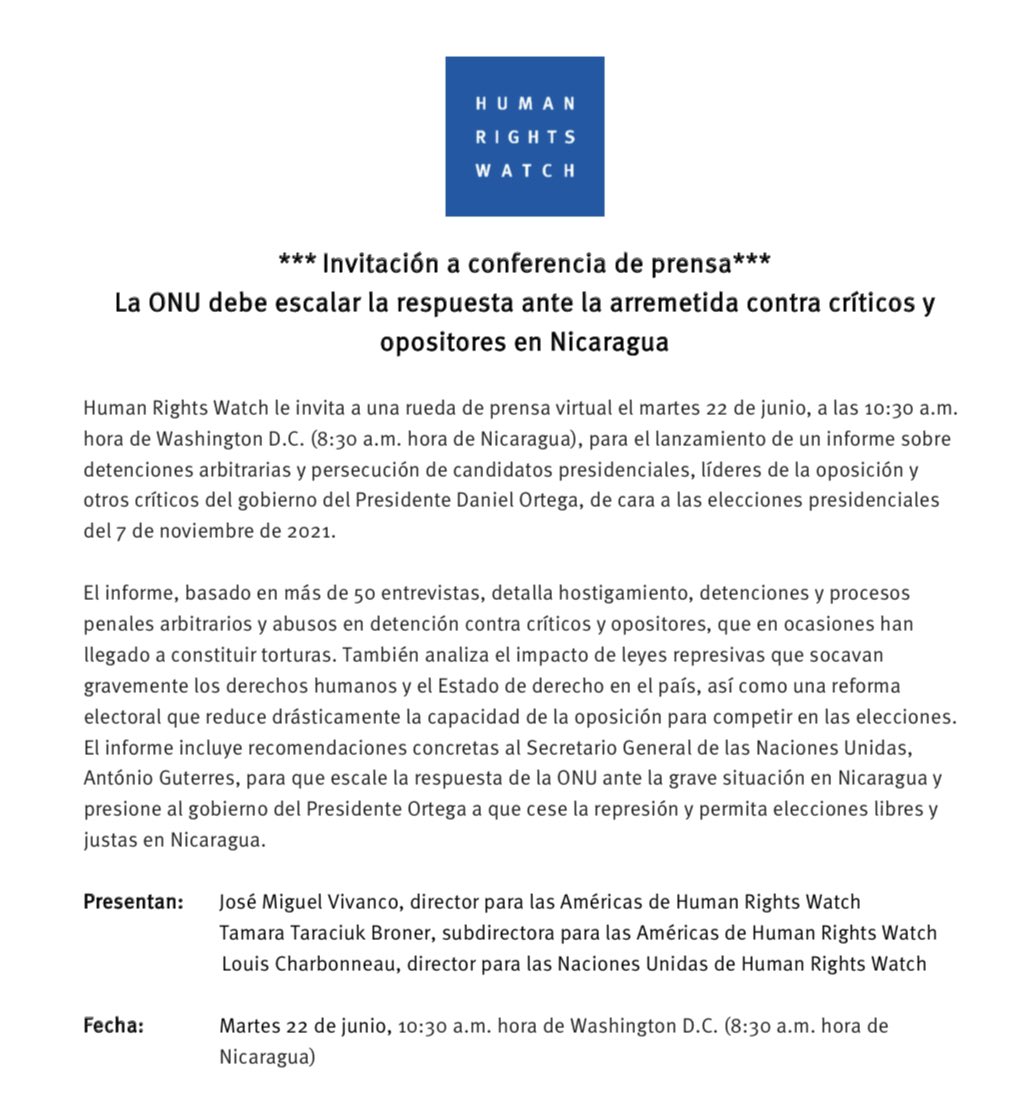 VivancoJM's tweet photo. **Rueda de prensa**

Mañana a las 1030 EST, presentaremos  un nuevo informe sobre las gravísimas violaciones de DDHH del régimen de Daniel Ortega. 

Pedimos que el Secretario General António Guterres aumente la respuesta de la ONU ante esta crisis. @hrw_espanol https://t.co/GtVJhJSJhl