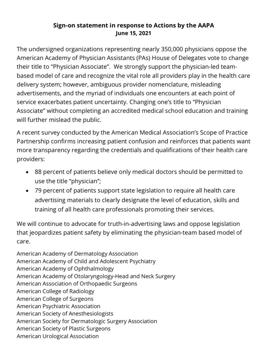 Organizations representing 350,000 physicians, over 1/3 of practicing physicians have voiced objection to physician assistant rebranding themselves as physician associates. I predict this list will grow. #itsoktoask