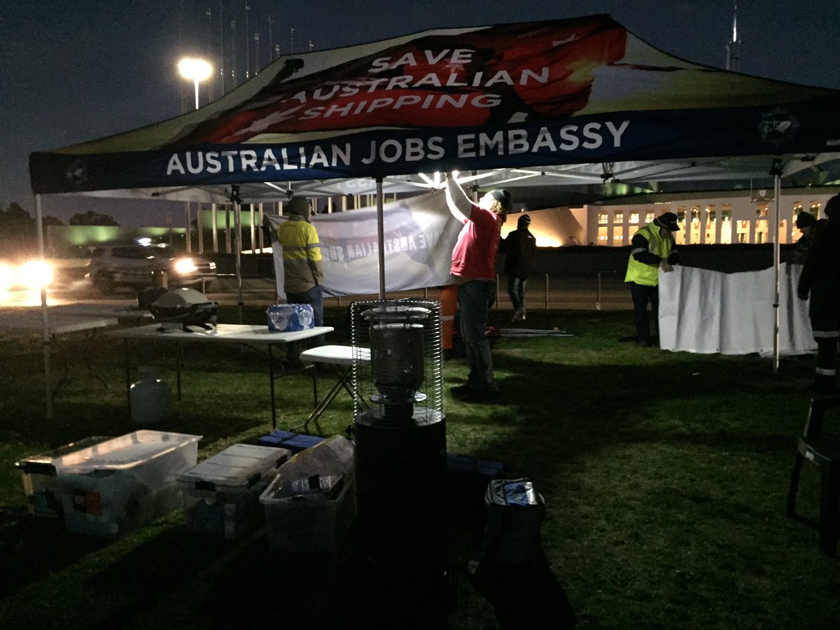 UnionsShoalhav1's tweet photo. Early morning in Canberra at the Australian Jobs Embassy to #saveaustralianshipping https://t.co/L2AikXJQvo