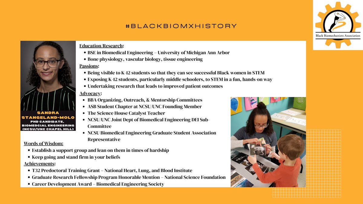 BlackBiomechanists (@blackbiomechs) on Twitter photo <a href="/Zandyrz/">Sandra Stangeland-Molo</a> is making #BlackBiomxHistory as a PhD Candidate at @UNCNCSUBME. Her work focuses on scaffold designs to promote bone cell growth & osteovascular health for stroke survivors. Sandra’s passionate about K-12 STEM outreach & providing fun, hands-on student experiences. (1/2) <a href="/Zandyrz/">Sandra Stangeland-Molo</a> is making #BlackBiomxHistory as a PhD Candidate at @UNCNCSUBME. Her work focuses on scaffold designs to promote bone cell growth & osteovascular health for stroke survivors. Sandra’s passionate about K-12 STEM outreach & providing fun, hands-on student experiences. (1/2)