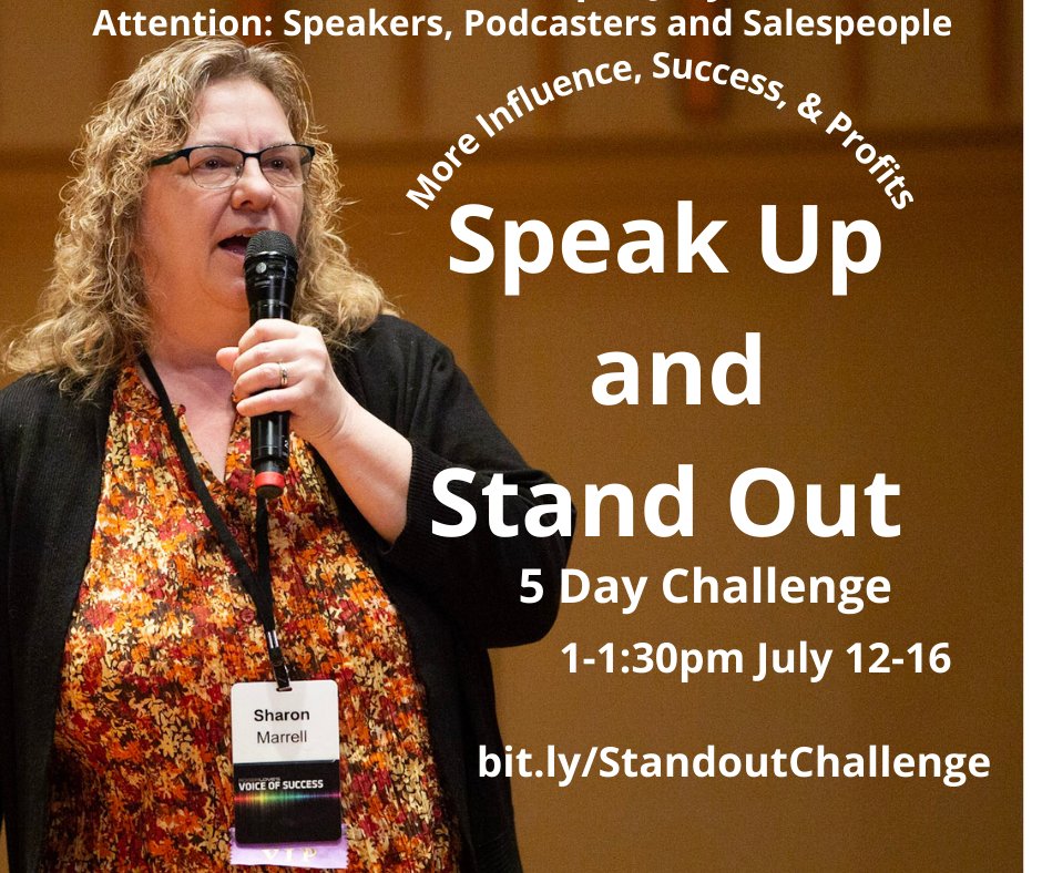 SharonMarrell's tweet photo. 85% of the world speaks in a monotone voice (= BORING). Speakers, Salespeople and influencers - learn the top 3 voice techniques to have more influence, success and profit by joining the 5 day SPEAK  UP and STAND OUT Challenge. Register today! https://t.co/HuF3jqWtz3 https://t.co/OPbBvEO4yA