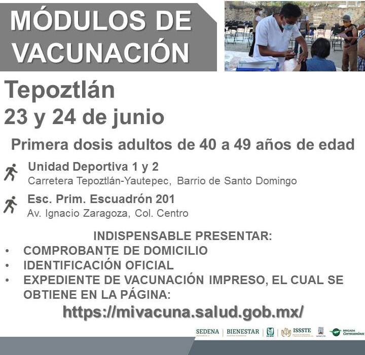 Tony_DiazRep's tweet photo. ¡toma nota! ✍🏻 

ESTAS SON LAS FECHAS DE VACUNACIÓN COVID-19 PARA 40-49...

La primera dosis para adultos de 40 a 49 años se llevarán acabo en el municipio de #Temixco del 24 al 25 de junio; mientras que para el municipio de #Tepoztlán será del 23 al 24 del mismo mes. https://t.co/UXJNniMHmH