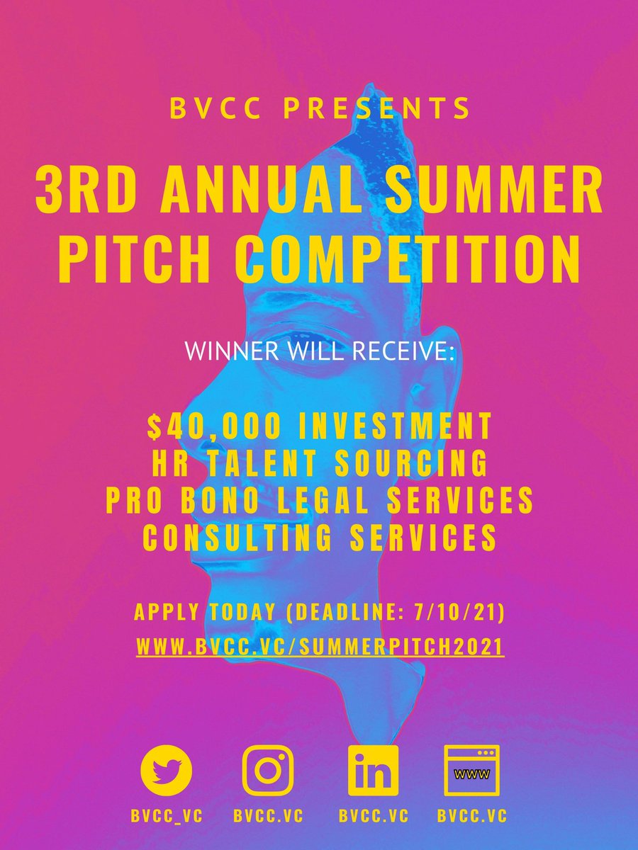 Black &amp; LatinX Founders, 

BVCC's 3rd Annual Summer Pitch Competition application is now live and closes 7/10/21!

We're searching for tech-enabled startups led by at least one Black or Latinx founder. The winner will receive a $40,000 cash equity infusion!

Link in bio