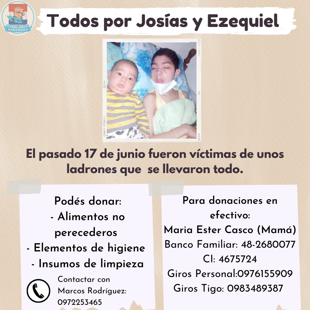 Desde <a href="/juvprovidapy/">Juventud Provida Py 🇵🇾</a> queremos aportar para ayudar a <a href="/MariaEsterCasc1/">Maria Ester Casco</a> 🙏🏻 vale mucho un RT para llegar a más personas. Se aceptan donaciones 👇🏻 o los que quieran transferir directamente a ella! Fueron víctimas de un robo y les llevaron todo 💔