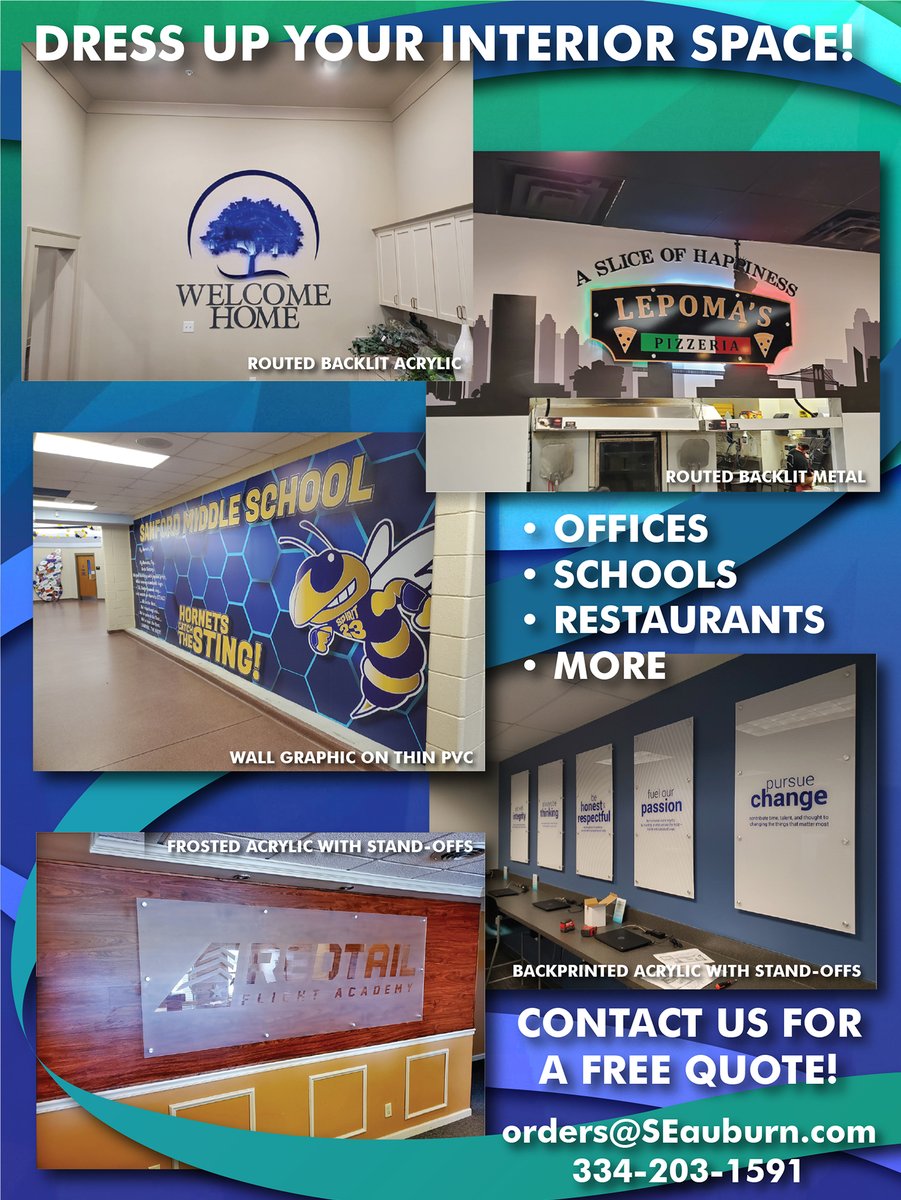 SignsMadeEasy's tweet photo. Dress up your interior space with signage custom made just for you! We have many material options and a team that will work with you to get what you want. Contact us or come by today for a free quote! https://t.co/GqNomKP79D
