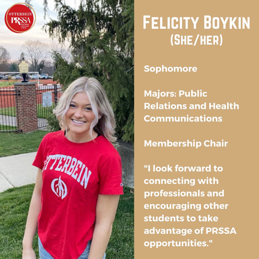 Introducing our 2021-2022 PRSSA Executive Board! 

Be sure to check back every week for the next two weeks to hear from the rest of our new board members. 

Today is our new Membership Chair, Felicity!