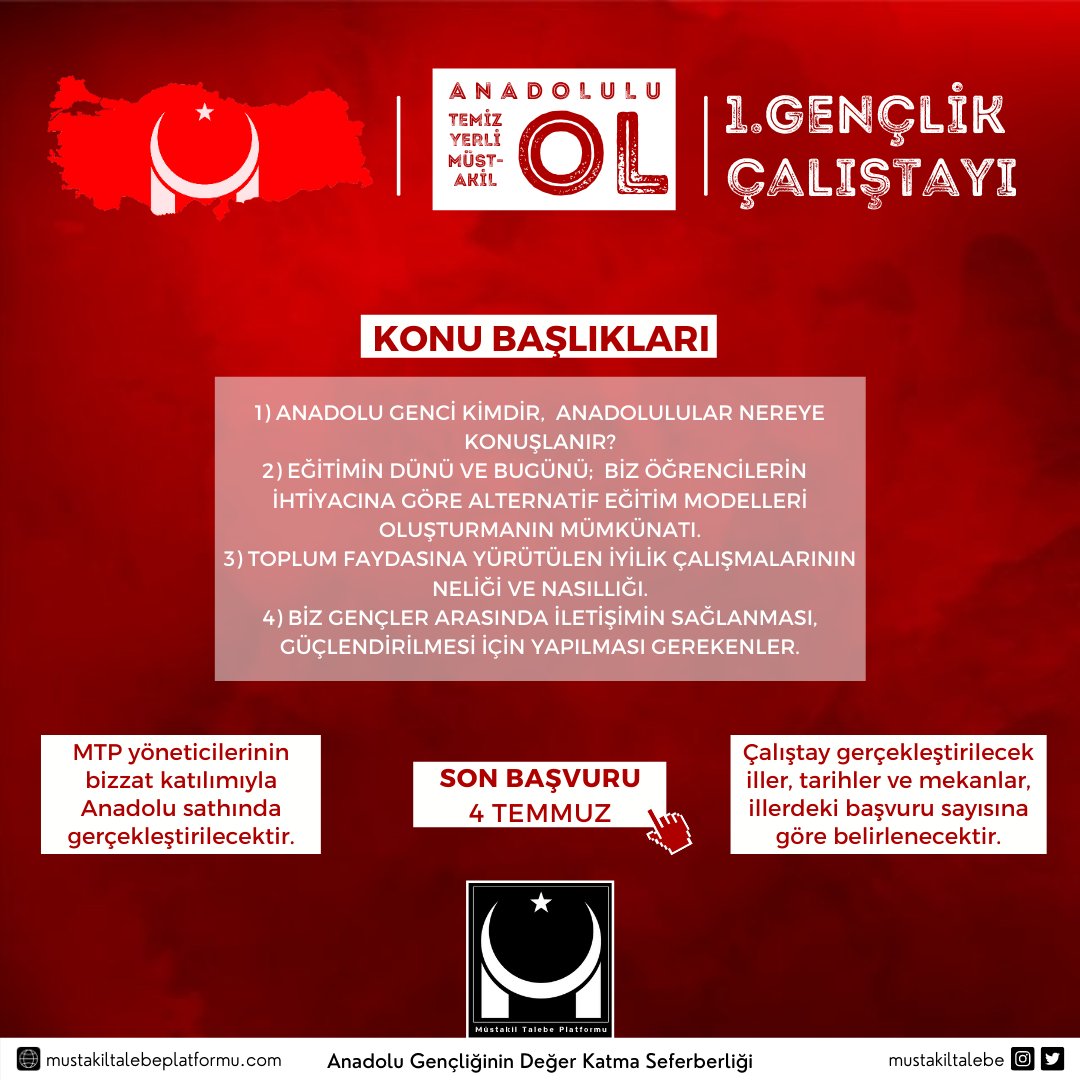 MÜSAİTSENİZ İLİNİZE GELİYORUZ!

“Temiz, Yerli ve Müstakil Anadolu Gençliği” için temmuz ayı boyunca Anadolu'dayız!

MTP yöneticilerimizin bizzat katılımıyla Anadolu sathında gerçekleşecek 1.Gençlik Çalıştayı vesilesiyle yola revan oluyoruz.

Katılım için:
mustakiltalebeplatformu.com/genclkcalstay