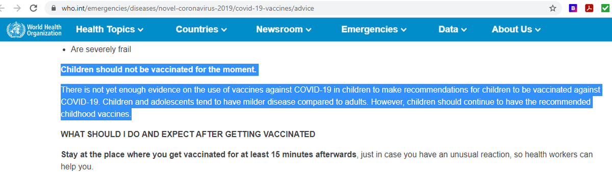 Current World Health Organization information: 
"Children should not be vaccinated for the moment"

Time for a pause on certain demographics?