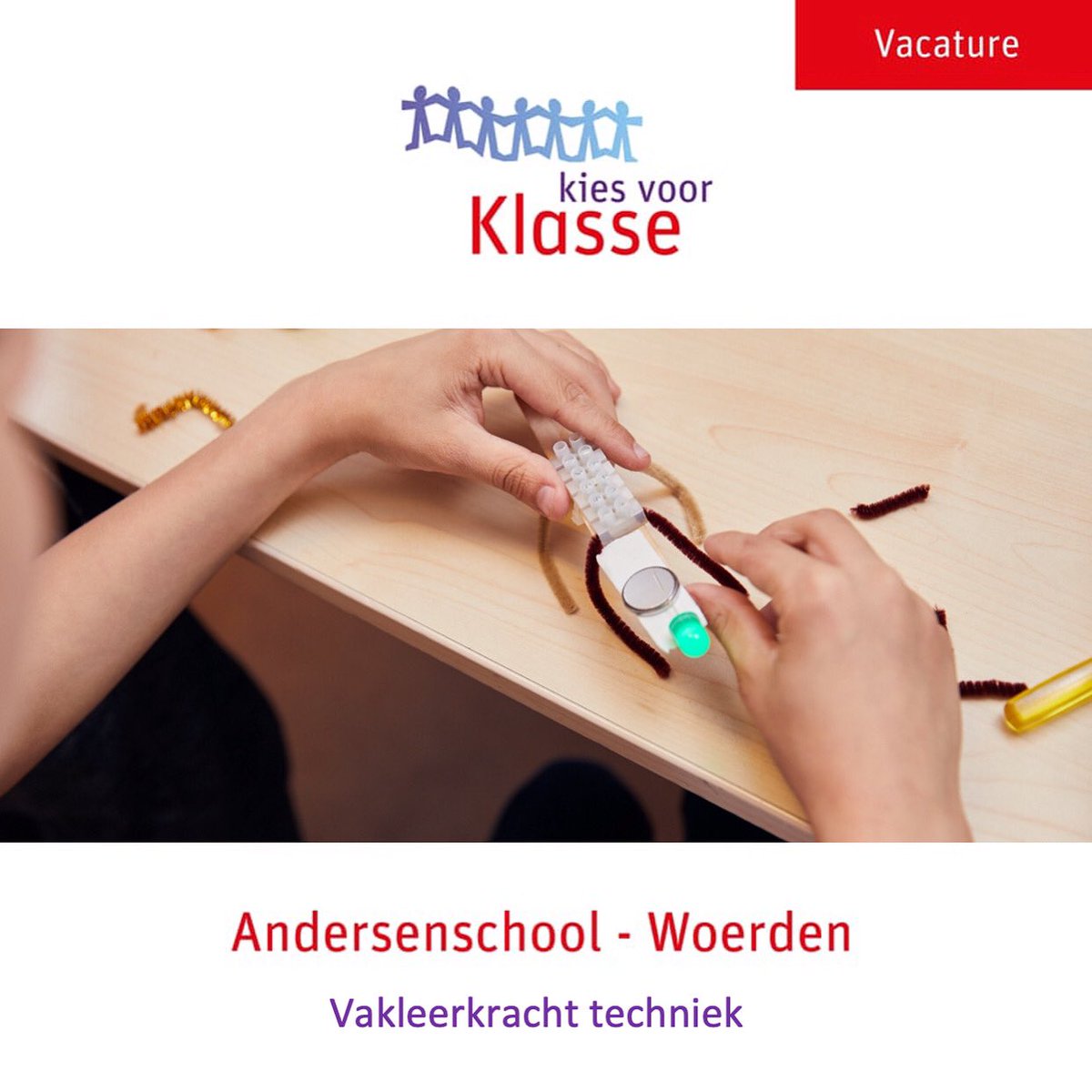 <a href="/Andersenschool/">OBS Andersenschool</a> is met ingang van het september 2021 op zoek naar een bevlogen techniekdocent voor wtf 0,20 op woensdag. Heb je zin om kinderen op een uitdagende manier de basis van wetenschap en techniek aan te bieden? Solliciteer snel! directie.andersenschool@stichtingklasse.nl