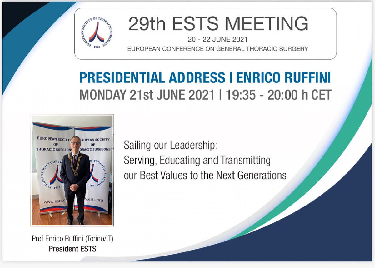 Join us in a few minutes for the Presidential Address: 19:35-20:00 Prof Enrico Ruffini, Torino, Italy “Sailing our leadership: serving, educating and transmitting our best values to the next generations” #ests21