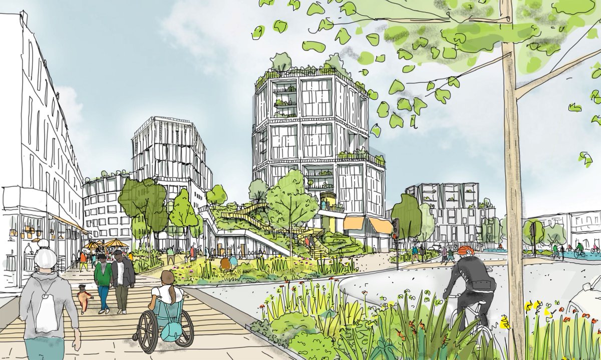 LewishamCouncil's tweet photo. Today, we launch our vision for Catford to be the greenest town centre in London. This includes: New areas of green public space 🌳 Largely car free town centre 🚴 Improved access to River Ravensbourne 🛥   
 
See our #CatfordRevival plans:
https://t.co/9cOEYdtdym https://t.co/T3ixJYnlEd