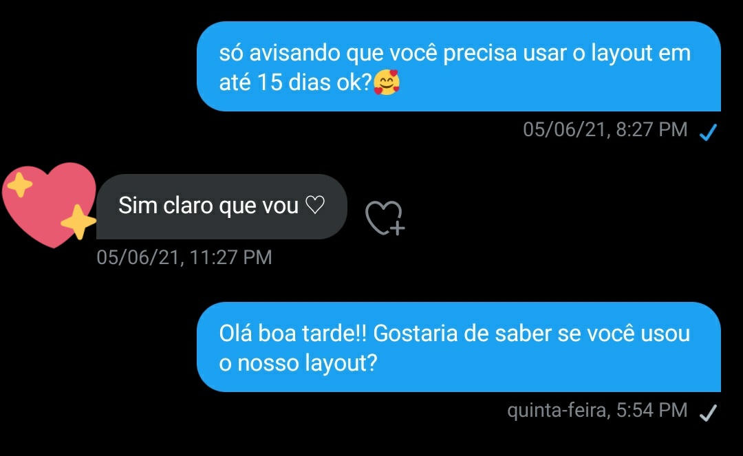 ⚠️⚠️
Gente por favor, se não forem usar o layout, não peça assim em doações :((
Eu estava toda animada para a minha primeira doação aqui e descobri que a minha pack nem foi cogitada a usar e colocaram outra no lugar....E ainda trocaram o @ para parar de nos seguir....

-star