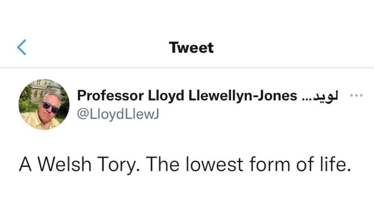 Disappointing to see @cardiffuni senior lecturer, Professor @LloydLlewJ brand Welsh Tories as “the lowest form of life”.

Lecturers should be encouraging diversity of thought and promoting an inclusive campus, not attacking students for their political affiliation.