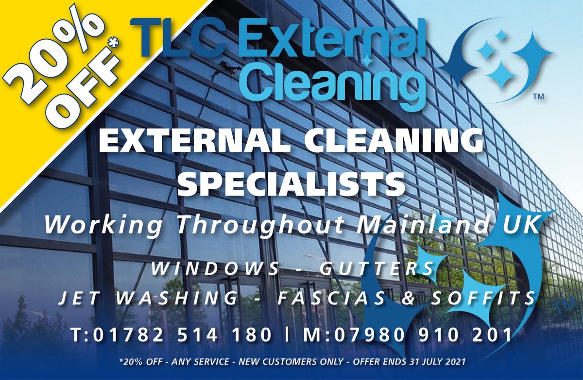 TLCExternalCle1's tweet photo. 20% OFF ALL CLEANING SERVICES 
WINDOWS - GUTTERING - JET WASHING - FASCIAS &amp; SOFFITS

CONTACT US FOR YOUR FREE QUOTATION
https://t.co/CKWmVKwEHg

#windowcleaning #guttercleaning #jetwashing #staffordshire #cheshire #commercial #domestic #uk #Manchester #WestMidlands #eastmidlands https://t.co/LgIAHulBSS