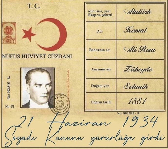 Dünyadaki En Büyük Lidere 
En Çok Yakışan Soyadı Verildi
Mustafa Kemal ATATÜRK 

#SoyadıKanunu 
#21Haziran1934 
#MustafaKemalAtatürk
