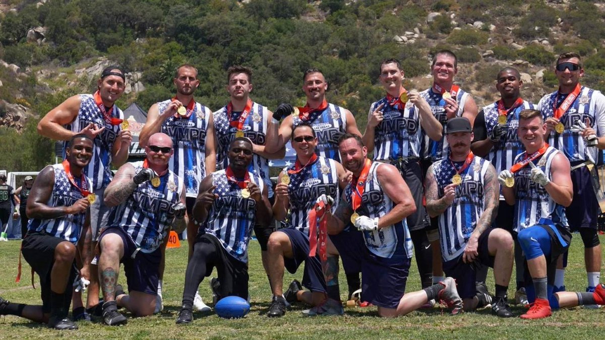 Team Members of Flag Football Team: LVMPD Vegas Strong: Front row (Left to Right) Corrections officer Brian Williams, Team Captain- Sergeant Harrison Porter, Corrections Officer Nchong Enokenwa, Co-Captain- Sergeant Bradley Gallup, Co-Captain- Officer Joe Haas, Corrections Officer Stephen White, Corrections Officer Travis Cunningham. Back Row (Left to Right) Detective Jordan Miller, Officer Cody Johnson, Corrections Officer Austin Phillips, Officer Dillan Knowles, Officer Christian Clapp, Corrections Officer Chris Cunningham, Corrections Officer Eric Peeples, Corrections Officer Zach Cambier
