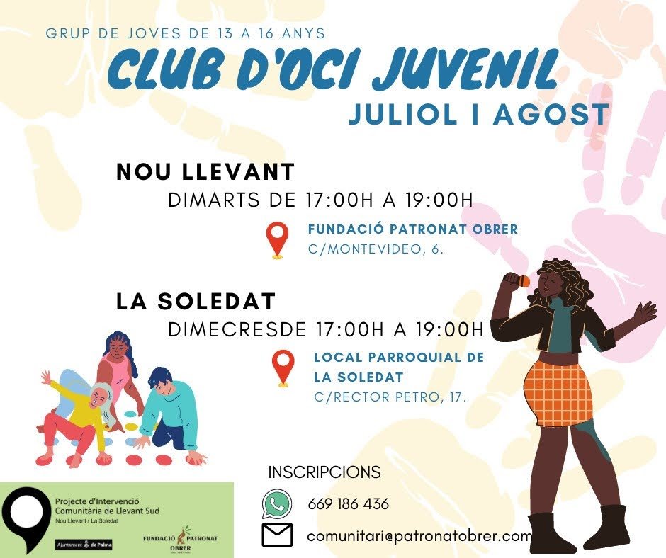PatronatObrer's tweet photo. Abrimos pre-insctipciones para el club de ocio juvenil en Nou Llevant y en La Soledad! 

Juegos, dinámicas y actividades lúdicas para abrirnos al mundo, conocernos y conocer a otros y, cómo no, ¡disfrutar del verano! 

¡Haz tus vacaciones inolvidables y apúntate al grupo! https://t.co/Ao3supBzpz