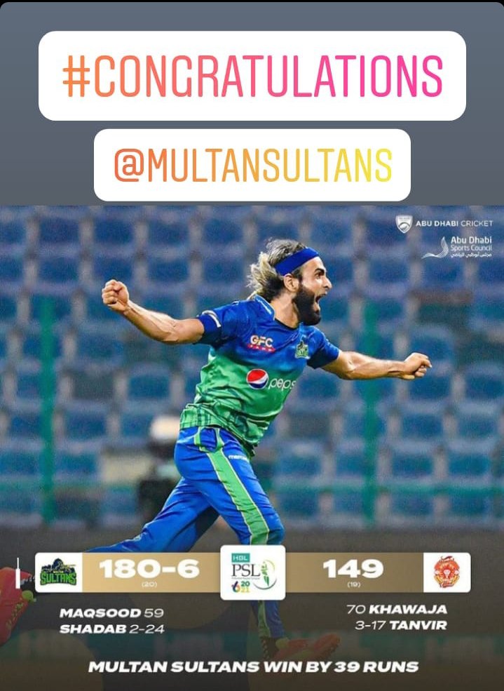 MirzaNewsUpdate's tweet photo. Congratulations 👏 @MultanSultans 
And best of luck @IsbUnited 
@MultanSultans 
@IsbUnited 
@MirzaNewsUpdate https://t.co/Dmi2XKdgkp
