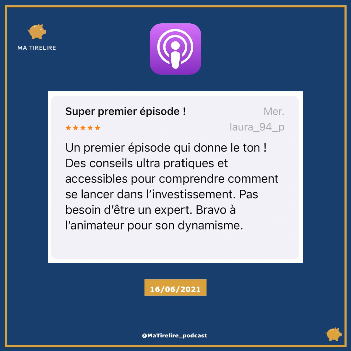 📲 Merci pour ce super avis sur <a href="/ApplePodcasts/">Apple Podcasts</a> et rendez-vous demain pour l’épisode #2 ! #investir #conseils #epargne #convictions #sens