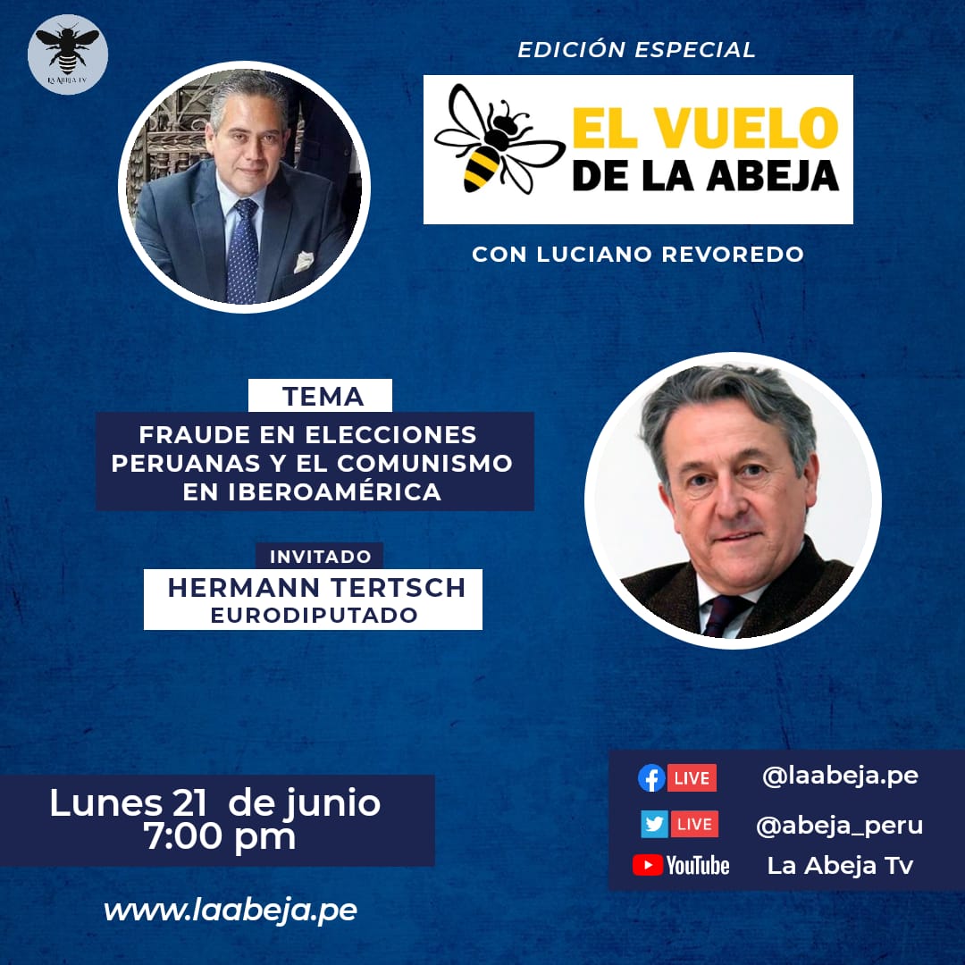 LucianoRevoredo's tweet photo. Luciano Revoredo entrevista al Eurodiputado español Hermann Tertsch  @hermanntertsch  sobre el fraude electoral en el Perú y la presencia del Foro de Sao Paulo promoviendo el comunismo en Iberoamérica. Hoy a las 7 de la noche en EL VUELO DE LA ABEJA https://t.co/KxHgcwT27Q