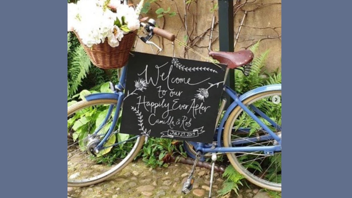 Fabulous wedding welcome from the bride and groom 
C &amp; R, we love the vintage bicycle… what a great idea to use with some signage, fitting perfectly into the environment of the college.
#safesoundevents #trinityhallevents #weddingvenue #weddingchildcare #weddingnanny