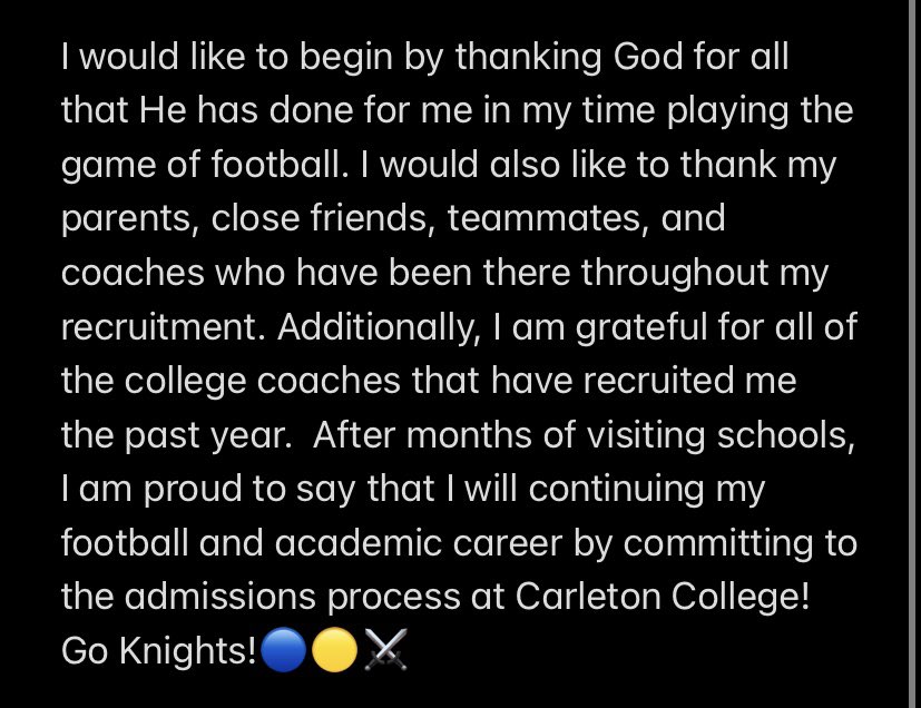 SpivakCole's tweet photo. Committed🔵🟡⚔️
#KeepStackin
@CarletonFB @CoachBobDavies @CoachJournell @coachvanepps https://t.co/EHuHotzVG2