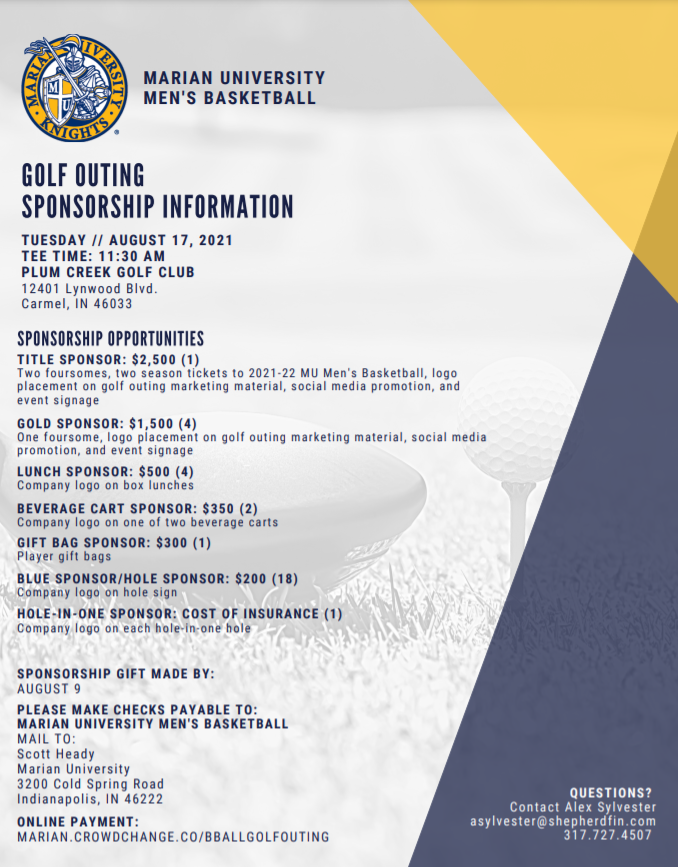 MarianMensBBall's tweet photo. 🏌️‍♂️2021 Golf Outing🏌️‍♀️

Mark your calendars and join us August 17th at Plum Creek Golf Club. Full details &amp; signup at the link below.

⛳️ https://t.co/LzXwOmyKhT

@PlumCreekIndy ll #GoKnights https://t.co/BuBxv8DP1Z