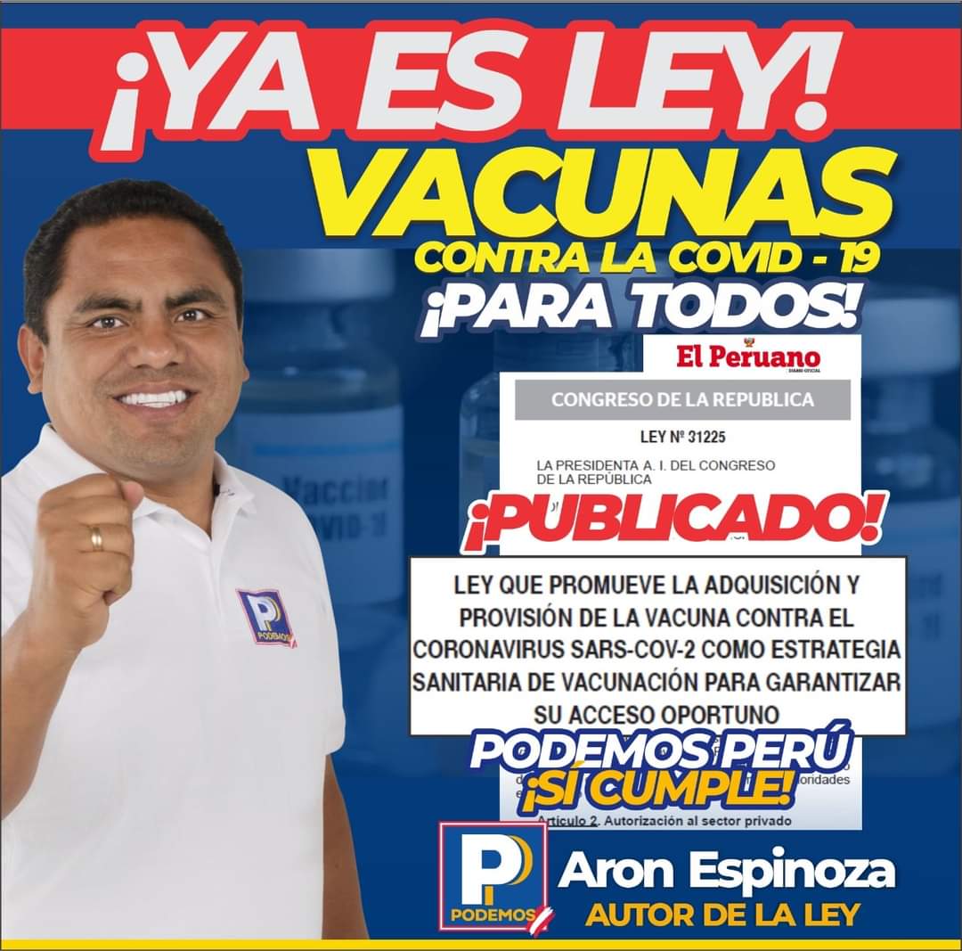 TuAmigoAron's tweet photo. 🚨🔴#EsNoticia
¡YA ES LEY! VACUNAS CONTRA EL COVID-19 ¡PARA TODOS!
#Hoy, se publicó la #Ley, de mi autoría, que permite la rápida inmunización contra la COVID-19 de todos los peruanos con el apoyo del #SectorPrivado y su distribución gratuita. 
#TuAmigoAron #TeRepresenta https://t.co/AYqlGUBKft