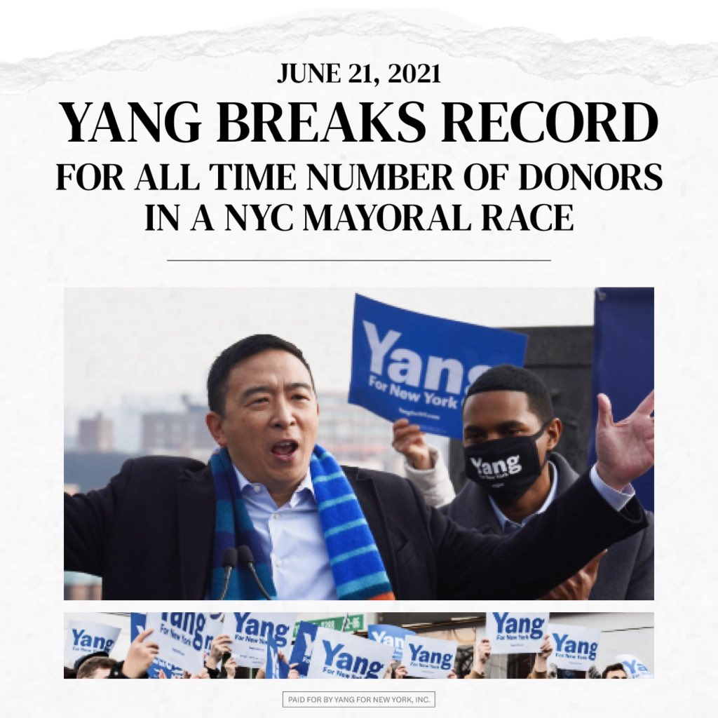 Thank you all for making this happen - the most donors ever in a NYC mayoral race. We just made history! And we can make history again TOMORROW when you #RankYang on Election Day.