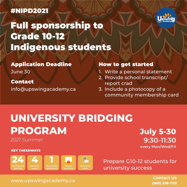 Celebrating National Indigenous People’s Day, Upswing Academy is offering a full sponsorship to an indigenous high school student for the upcoming University Bridging Program. Check it out!  upswingacademy.ca/ubp2021 #NIPD2021 #university #universityprep #universityready