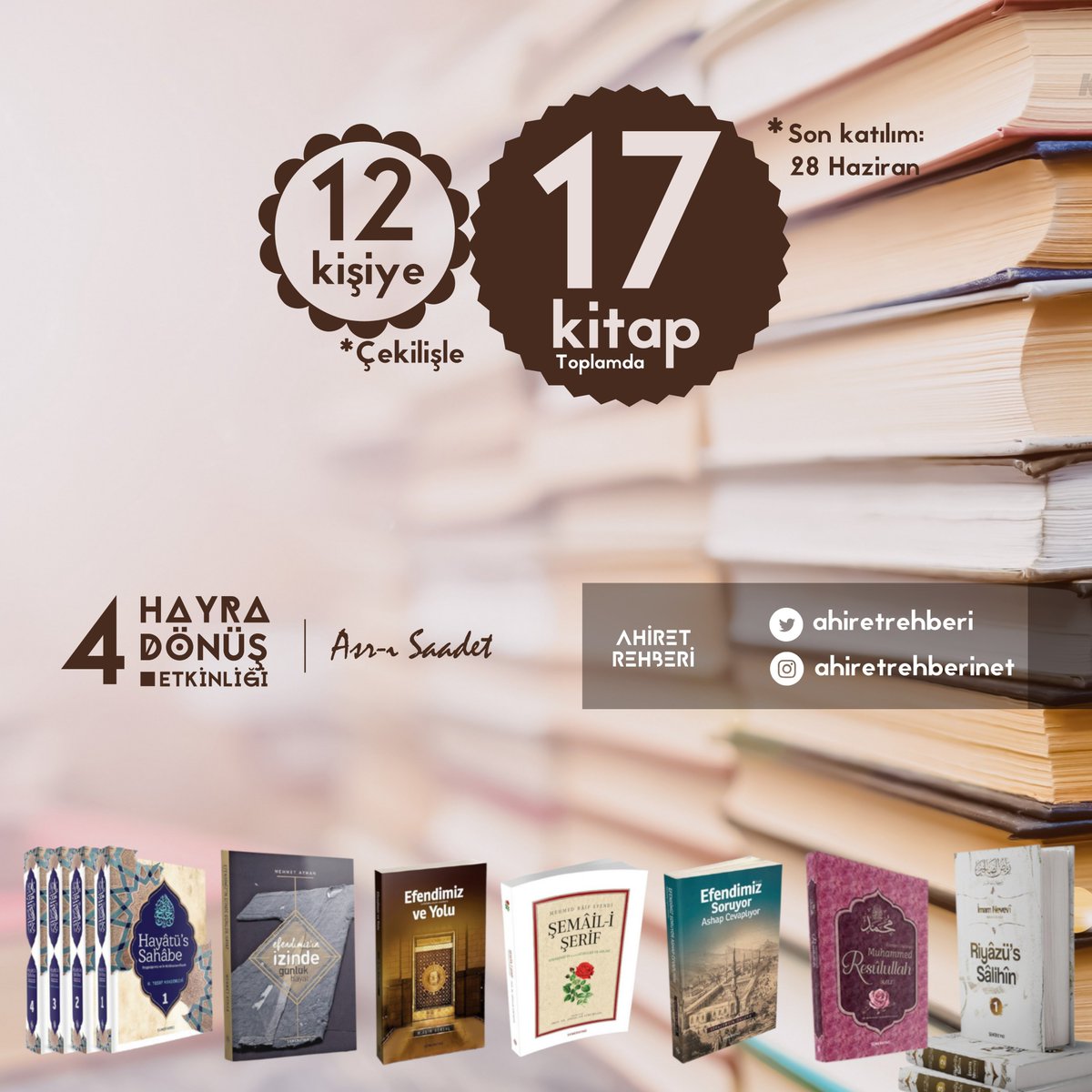 4. Büyük Hayra Dönüş Çekilişi!

12 kişiye 17 kitap hediye...

- <a href="/ahiretrehberi/">Ahiret Rehberi</a>'ni takip et ✔️
- Tweet'i RT et ve beğen ✔️
- Yoruma #ahiretrehberi hashtagı ile birlikte en az bir kişi etiketle ✔️

* Hashtag ve etiketli yorum arttıkça kazanma ihtimali yükselir.

Son gün 28 Haziran!